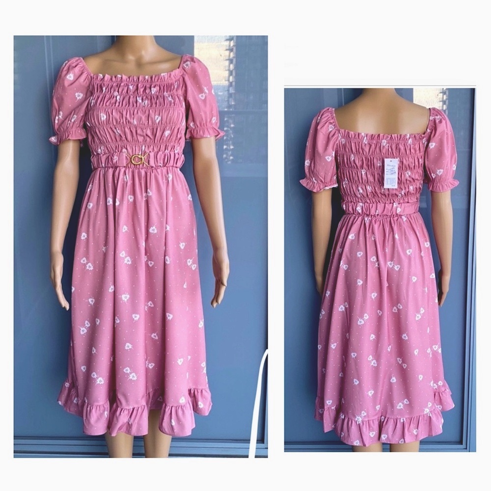 Champion Pink Smocked Midi Dress with Puff Sleeves
